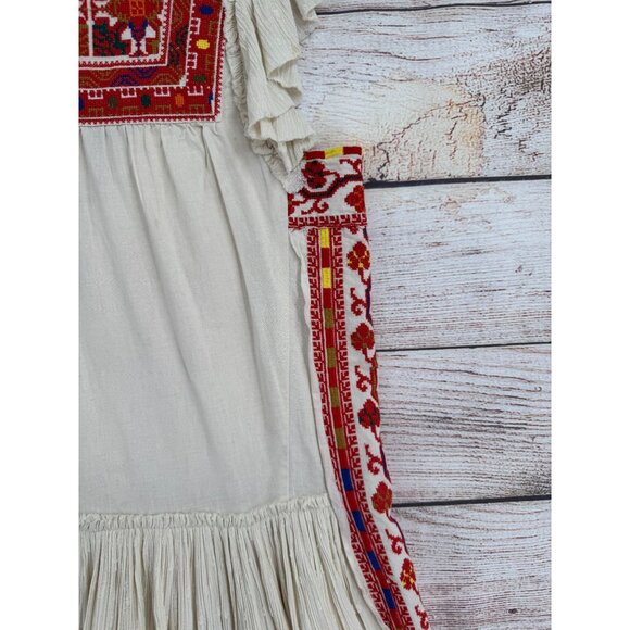 Free People Day Glow Embroidered Mini Dress Women's Small Beige/Red Frayed Hem - Picture 6 of 12